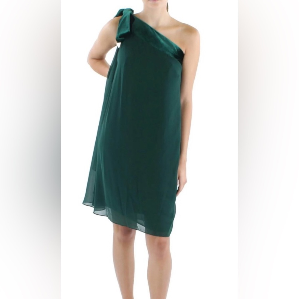 Lauren Ralph Lauren Dark Green One Shoulder Chiffon Dress Velvet Trim size 12